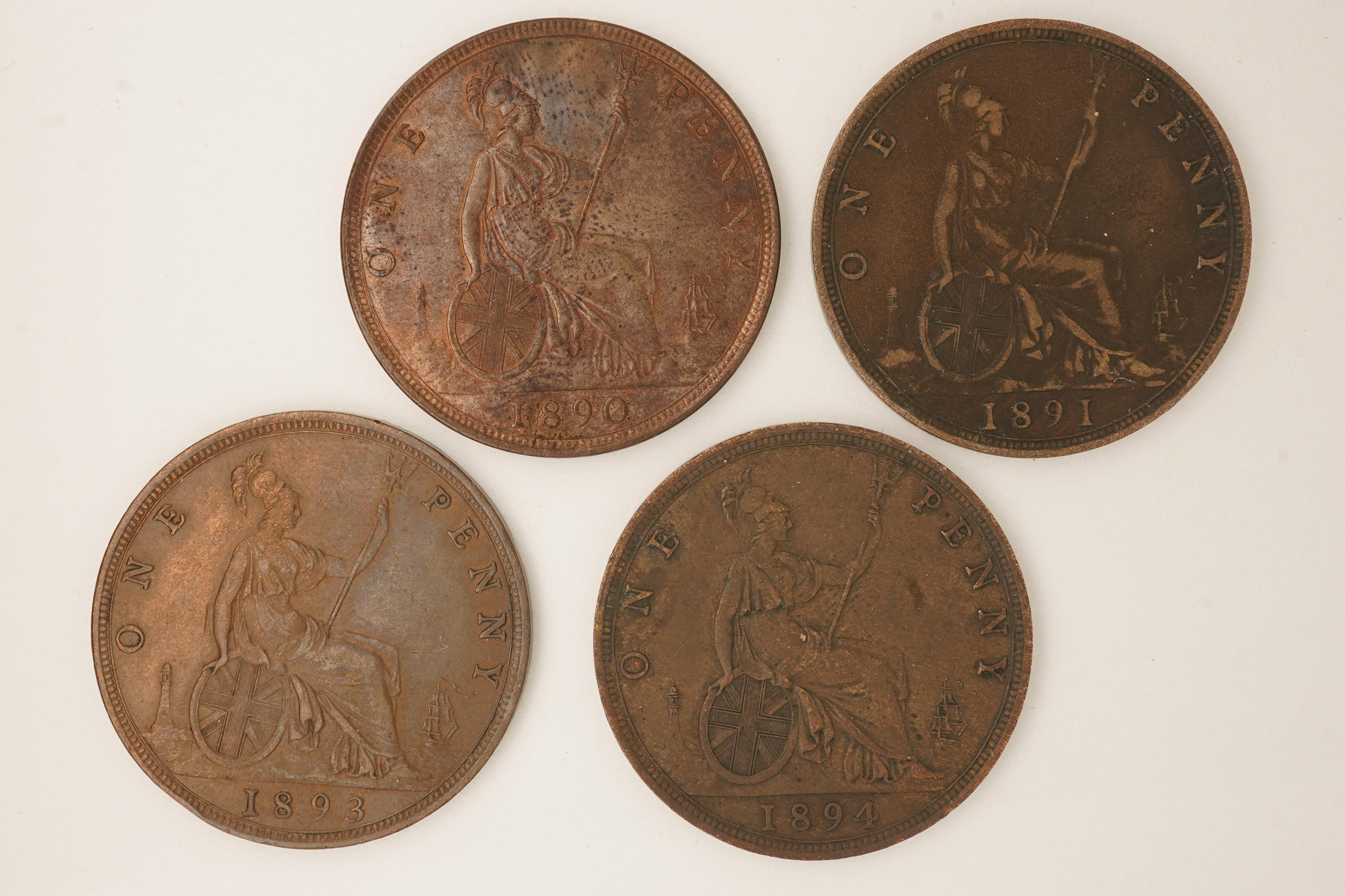 British coins, Victoria, four bronze pennies;, 1890, Fr. 130, Gouby dies R/r, EF, toning and lustre, 1891, Fr. 132, Gouby dies R/r, fine, dark toned, 1893, Fr. 136, Gouby dies R/r, good VF, dark toned, 1894, Fr. 138, Gou